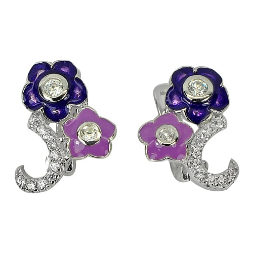 925 Sterling Silver Earrings Jewelry 2.98 G. Beautiful Flower Enamel with White (1 of 3)