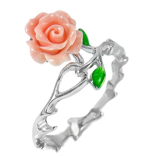 925 Sterling Silver Ring Jewelry 2.39 G. Beautiful Flower Rose Pink Resin Design Size 6 (1 of 3)