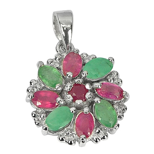 925 Sterling Silver Pendant Jewelry with Natural Gemstone Ruby and Emerald 2.61 G. (1 of 3)