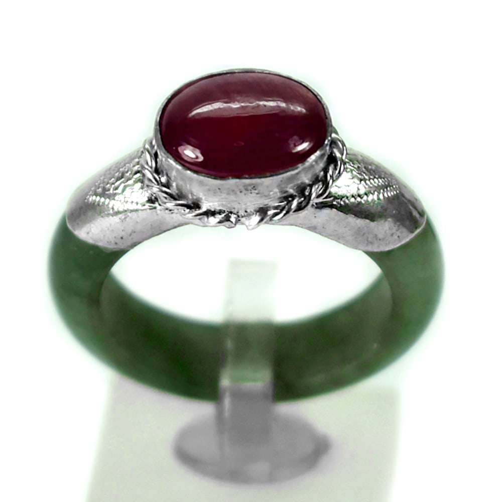 Natural Burmese Green Jade Ring 20.62 Ct. Silver Jewelry Diameter 17 Mm. With Natural Ruby Size 7.5 (1 of 3)
