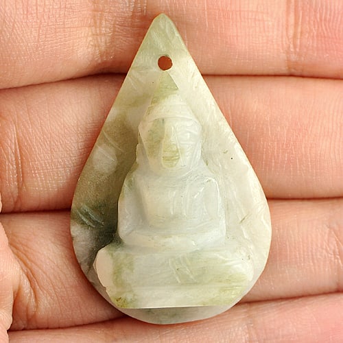 Natural White Green Jade 44.40 Ct. Buddha Carving with Drilled Gemstone From Thailand: Product ID: 819811994 Product Name: Natural Jade Weight: 44.40 CT. Size: 37 x 24 x 9 MM. Shape: Buddha Carving Color: Green Clarity:Opaque Luster: Good Gems Origin: Thailand Treatment: Unheated Crysta