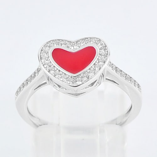 925 Sterling Silver White Gold Plated Red Enamel Heart Ring Size 5.5 (1 of 3)