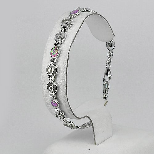 925 Sterling Silver Spiral Bracelet Jewelry Length 8 Inch. with Pink Created Opal 8.33 G. (1 of 3)