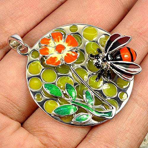 925 Sterling Silver White Gold Plated Pendant 7.54 G. Bee Flower Enamel (1 of 3)