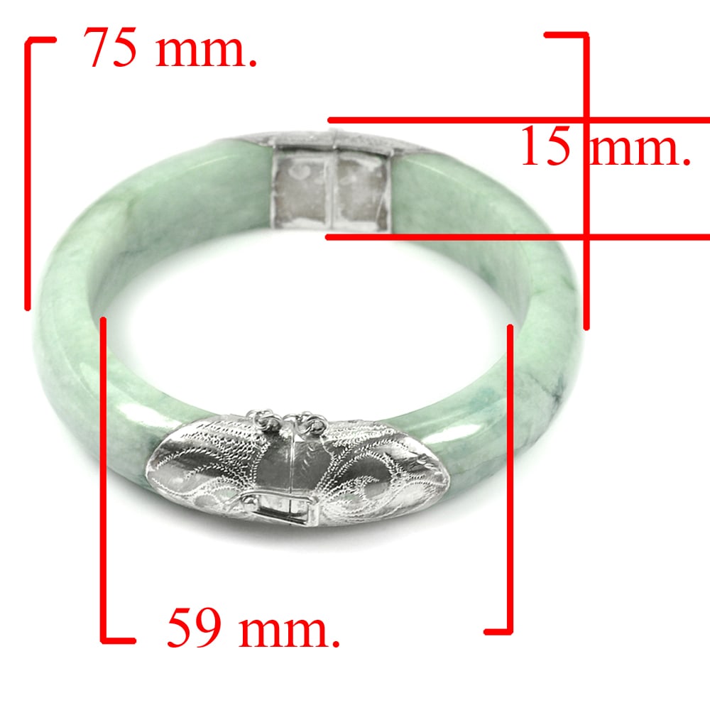 Natural Green Jade Bangle with Silver Size 75 x 59 x 15 Mm. Gemstone 367.34 Ct.: Product ID: 819814972 / Product Name: Natural Jade / Weight: 367.34 CT. / Size: 75 x 59 x 15 MM. / Shape: Round / Color: Green / Clarity:Opaque / Luster: Good / Gems Origin: Thailand / Treatment: Unhe