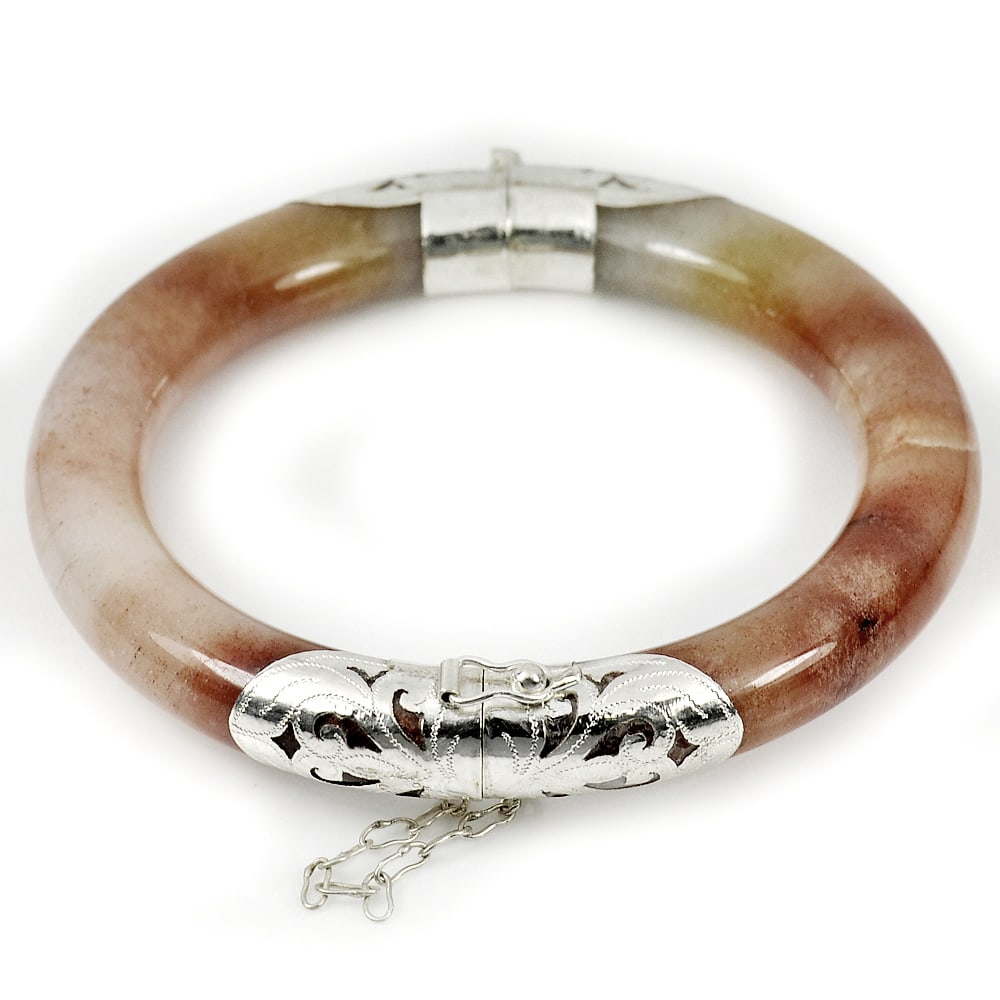 328.76 Ct. Natural Gemstone Multi-Color Jade Bangle with Silver 88 x 65 x 11 Mm.: Product ID: 819814049 / Product Name: Natural Jade / Weight: 328.76 CT. / Size: 88 x 65 x 11 MM. / Shape: Round Cabochon / Color: Multi-Color / Clarity:Opaque / Luster: Good / Gems Origin: Thailand / 