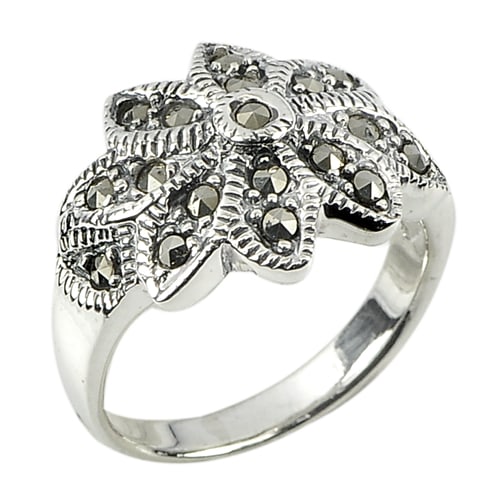 925 Sterling Silver Jewelry Ring Size 5.5 Round Shape Black Marcasite 4.32 G. (1 of 3)