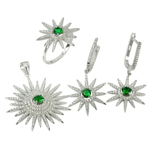 925 Sterling Silver Jewelry Sets Earrings Pendant and Ring Size 7 with Cz 16.42 G.: Product ID: 220000051 / Product Type: 925 Sterling Silver Fine Jewelry / Jewelry Weight: 16.42 Grams. / Ring Size: 7 Resizable(Fee) / Gemstones Color: Green / Metal: Solid Silver 92.5%. / Gemstone Det
