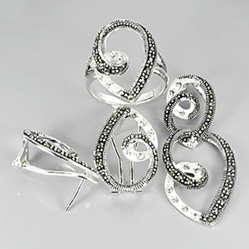 925 Sterling Silver Jewelry Sets Ring Size 8 Pendent and Earrings with Black Marcassite and Cz 15.08: Product ID: 207100020 / Product Type: 925 Sterling Silver Fine Jewelry / Jewelry Weight: 15.08 Grams. / Ring Size: 8 Resizable(Fee) / Gemstones Color: Silver / Metal: Solid Silver 92.5%. / Gemstone De