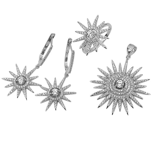 925 Sterling Silver White Gold Plated Ring Earrings Pendant Jewelry Set with Cz 17.27 G. (1 of 3)