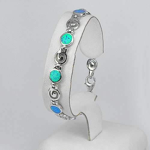 925 Sterling Silver Multi Color Blue Created Opal Spiral Bracelet 7.5 Inch. 11.97 G. (1 of 3)