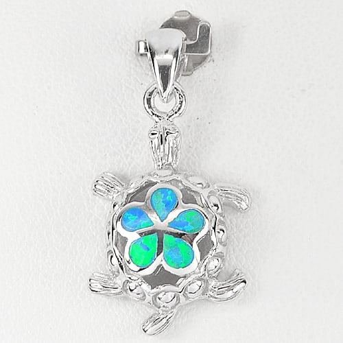 925 Sterling Silver Pendant Jewelry with Created Multi Color Blue Opal 3.43 G. Turtle Design (1 of 3)