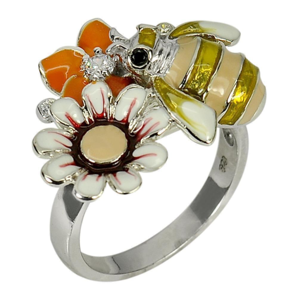 8.33 G. Bee with Flower Enamel Nice Design Real 925 Sterling Silver Ring Size 7 (1 of 3)
