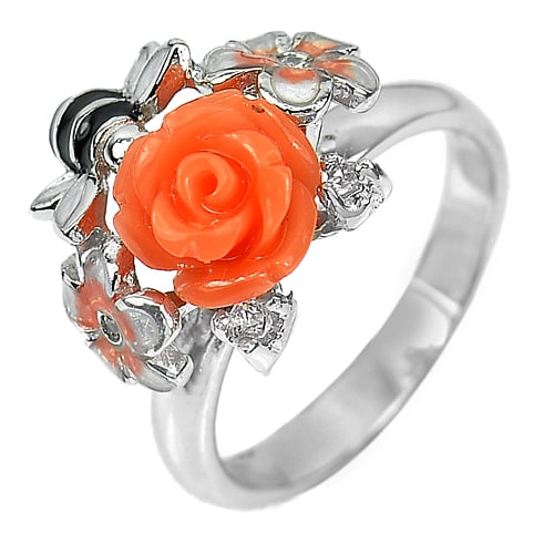 Flower Orange Resin Bee Enamel Real 925 Sterling Silver 4.54 Grams Ring Size 8 (1 of 3)