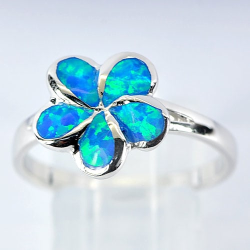 Blue Created Opal Real 925 Sterling Silver Flower Pattern Ring Size 7 (1 of 3)