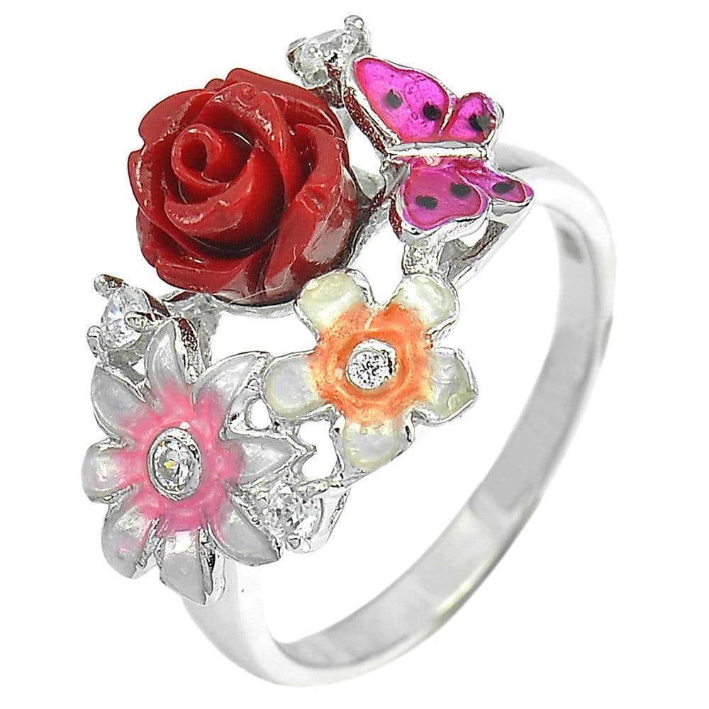 Rose Resin with Butterfly Enamel Real 925 Sterling Silver 4.61 Grams Ring Size 8 (1 of 3)