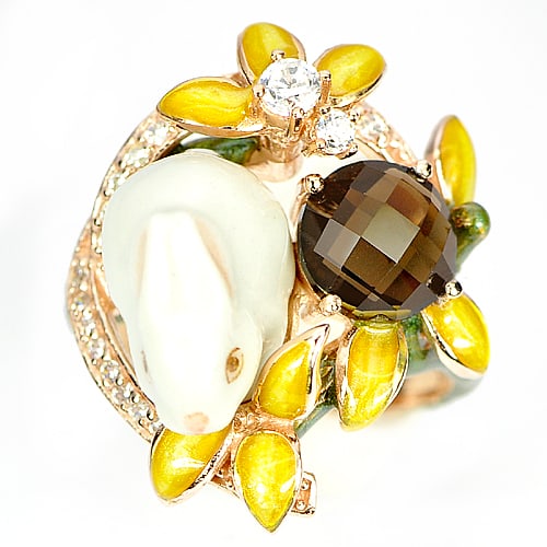 Smoky Quartz and Rabbit Enamel 925 Sterling Silver Rose Gold 8.30 Grams Ring Size 8 (1 of 3)