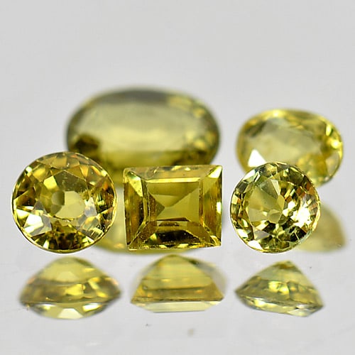 Natural Yellow Sapphire 1.50 Ct. 5 Pcs. Mix Shape 5.9 x 5 Mm. Gemstone From Thailand: Product ID: 806152115 Product Name: Natural Yellow Sapphire Weight: 1.50 CT. Size: 5.9 x 5 x 1.7 MM. Shape: Mix Shape Color: Yellow Clarity:SI1 Luster: Good Gems Origin: Thailand Treatment: Heated Cry