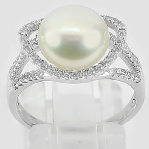 925 Sterling Silver Ring Jewelry with Natural White Pearl and CZ Size 8 (1 of 3)