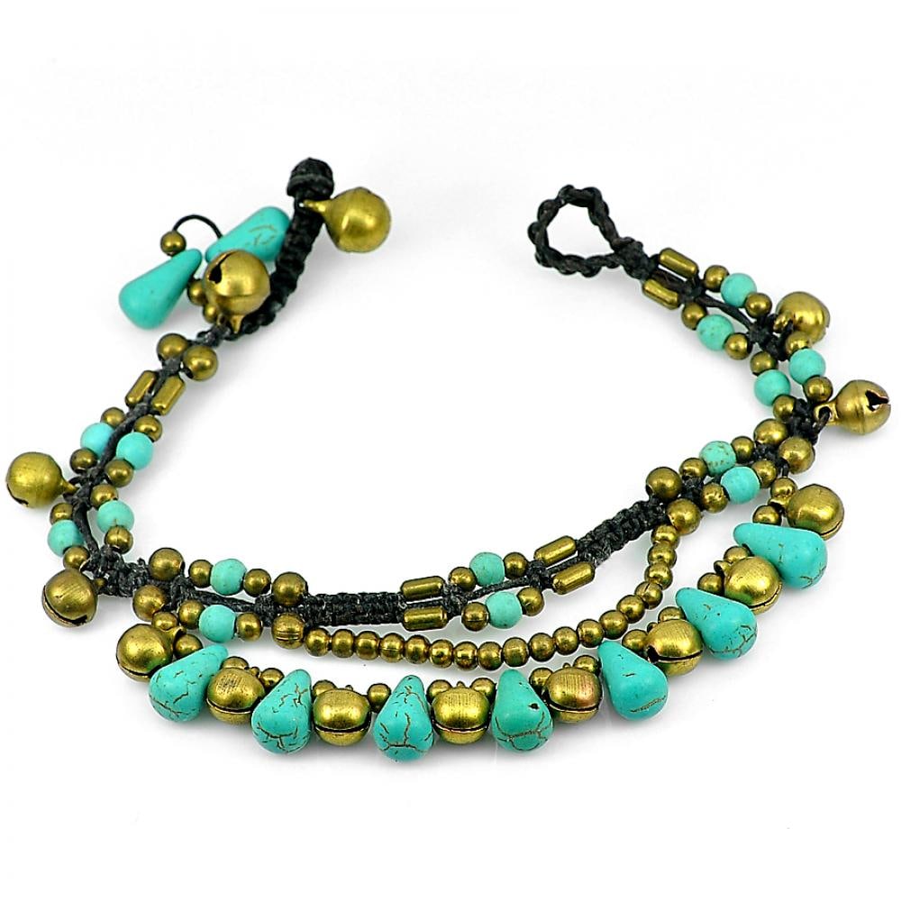 13.23 G. Good Natural Turquoise Handmade Bell Brass Jingling Bracelet 8 Inch. (1 of 3)