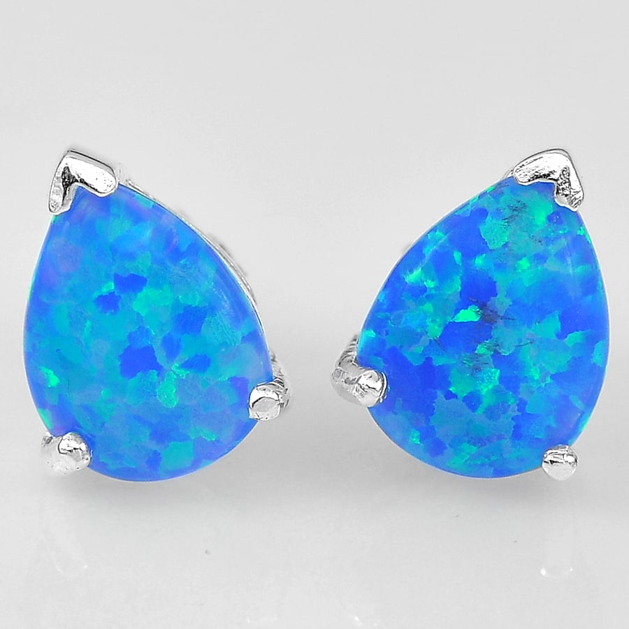925 Sterling Silver Stud Earrings Jewelry with Multi Color Blue Created Opal 1.44 G. (1 of 3)