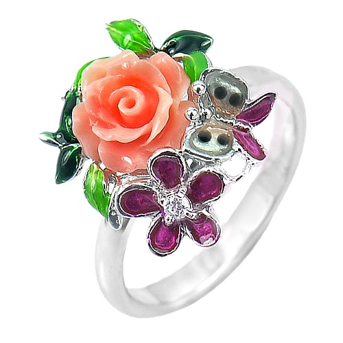925 Sterling Silver Ring Jewelry Beautiful Rose Orange Resin Design 3.82 G. Size 6 (1 of 3)