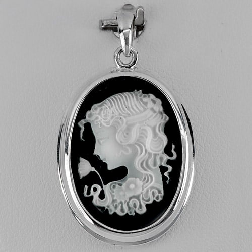 925 Sterling Silver Pendant Jewelry Resin Black Cameo White Lady 3.69 G. (1 of 3)
