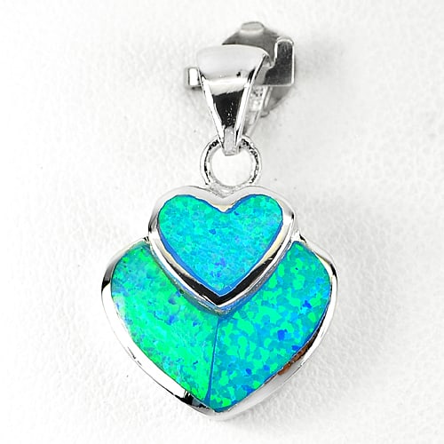 925 Sterling Silver Pendant Jewelry with Created Multi Color Blue Opal Lovely Heart Design 3.36 G. (1 of 3)
