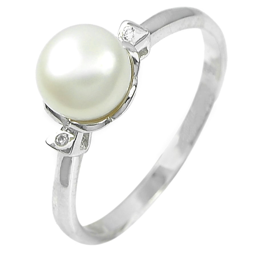 Natural White Pearl 925 Sterling Silver Ring White Gold Plated 2.13 Grams Size 7 (1 of 3)