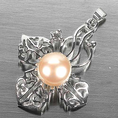 4.76 G. Round Cabochon Natural Peach Pearl Rhodium Silver Plated Pendent (1 of 3)