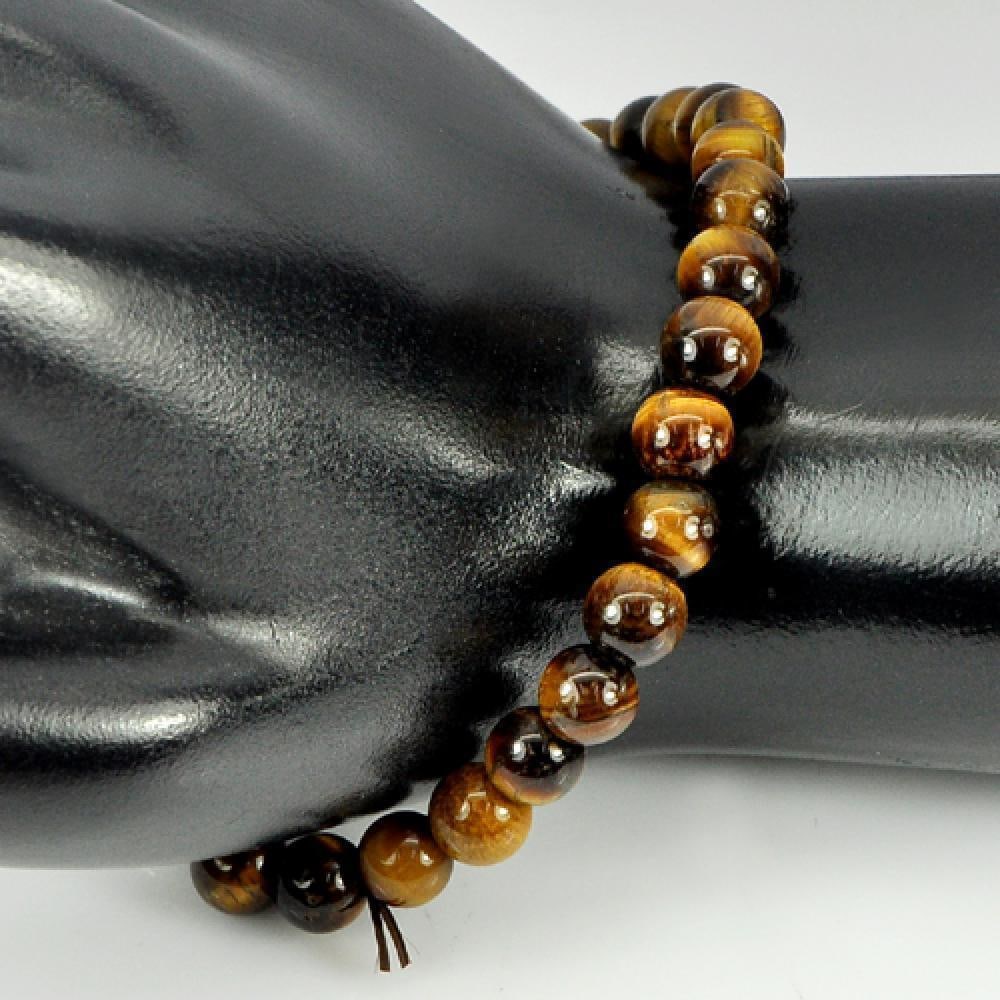 Yellow Brown Tigers Eye Beads 50.38 Ct. Round Cabochon Natural Bracelet 7 Inch. (1 of 3)