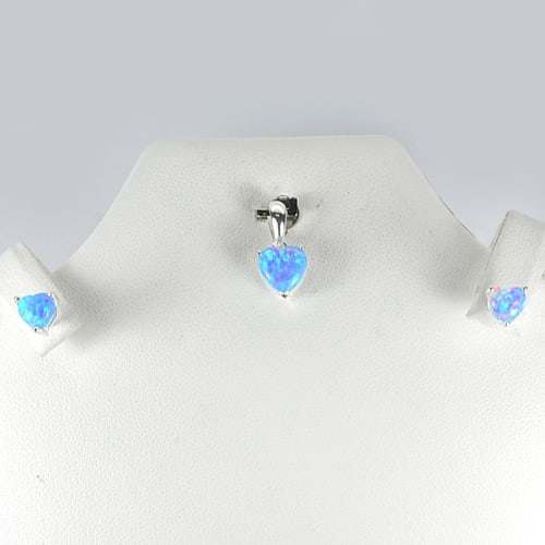 925 Sterling Silver Jewelry Sets with Blue Created Opal Pendant And Earrings 1.81 G. (1 of 3)