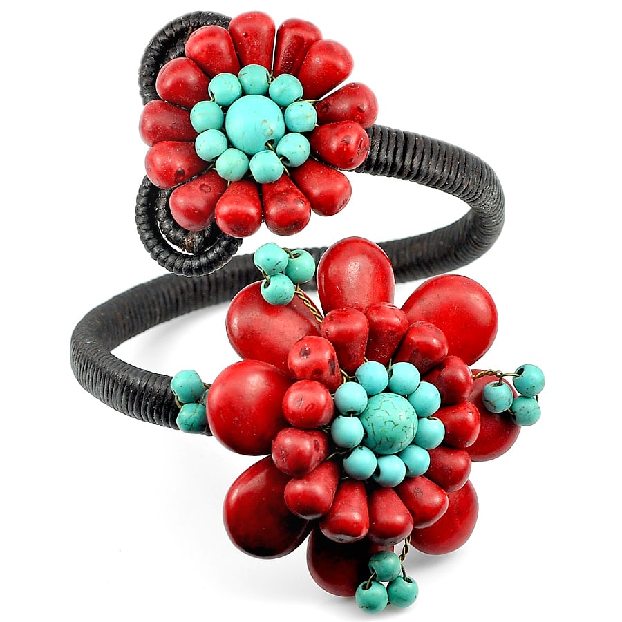 Handmade Charming Turquoise and Red Agate Knit Rope Bangle Brass Free Size (1 of 3)