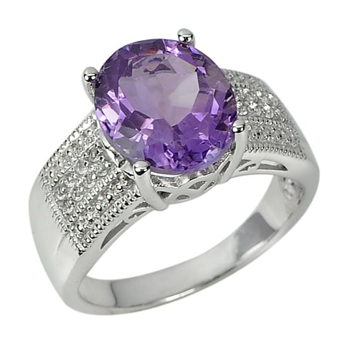 925 Sterling Silver Ring Jewelry 5.61 G. with Natural Gemstone Purple Amethyst and Cz Size 8 (1 of 3)