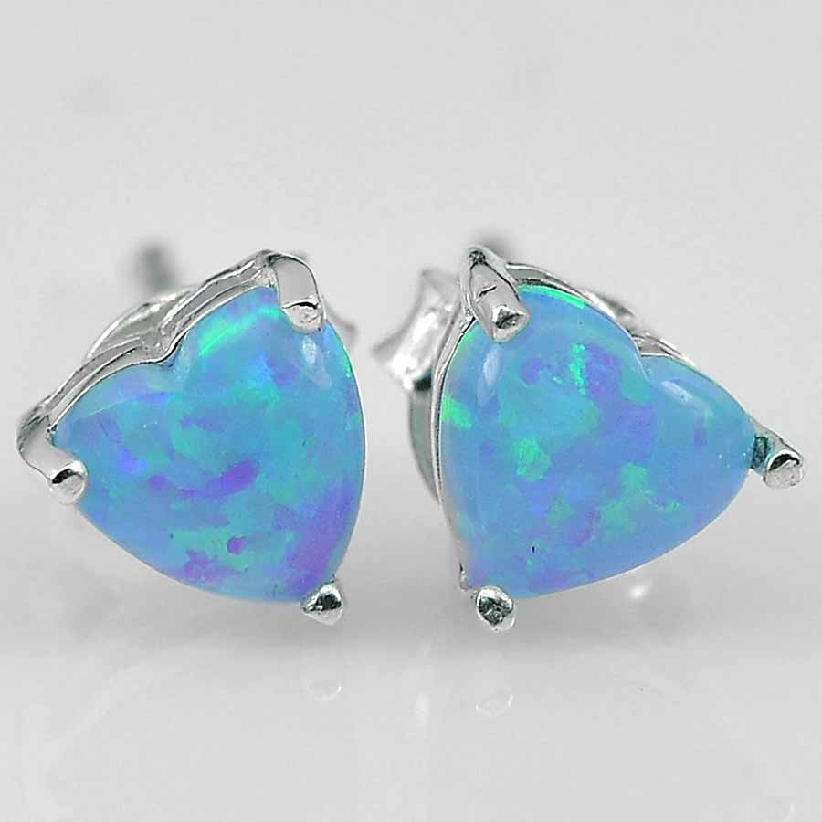 925 Sterling Silver Stud Earrings Jewelry with Multi Color Blue Created Opal 0.68 G. (1 of 3)