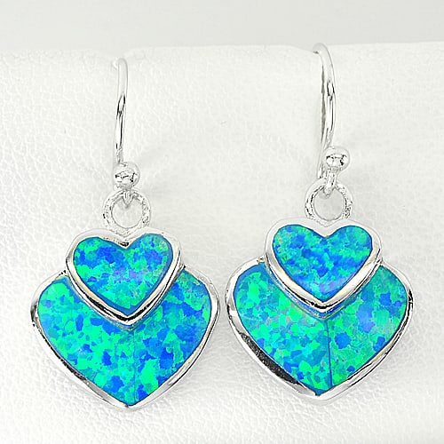 925 Sterling Silver Earrings Jewelry Heart Multi Color Blue Opal Design 6.34 G. (1 of 3)
