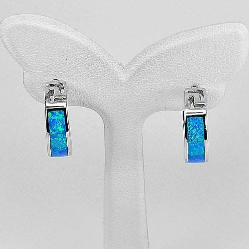 925 Sterling Silver Hoop Earrings Jewley 5.99 G. with Multi Color Blue Created Opal (1 of 3)
