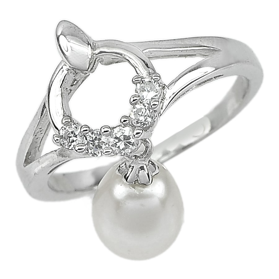 925 Sterling Silver Ring Jewelry Size 8 with Natural White Pearl and Cz 3.62 G.: Product ID: 207100499 Product Name: Sterling Silver Ring Product Type: 925 Sterling Silver Fine Jewelry Jewelry Weight: 3.62 Grams. Ring Size: 8 Resizable(Fee) Gemstones Color: White Metal: Solid Silv