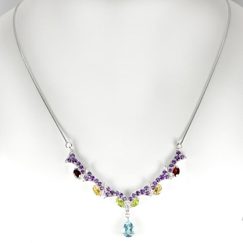 925 Sterling Silver Necklace Jewelry 14.04 G. with Natural Gemstone Amethyst Topaz Peridot Length 20 (1 of 3)