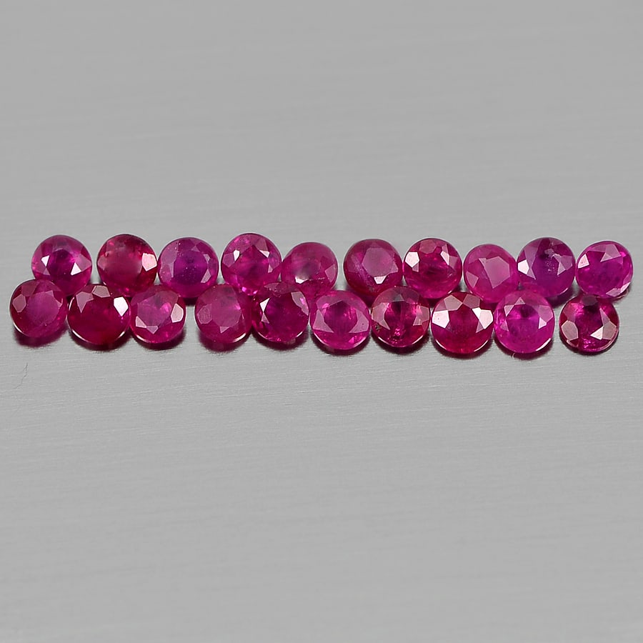 Natural Purplish Pink Ruby 1.00 Ct. 20 Pcs. Round Shape 2 Mm. Gemstones From Thailand: Product ID: 805934836 Product Name: Natural Ruby Weight: 1.00 CT. Size: 2 x 2 x 1.2 MM. Shape: Round Color: Pink Clarity:SI1 Luster: Good Gems Origin: Thailand Treatment: Heated Crystal Structure: Tri
