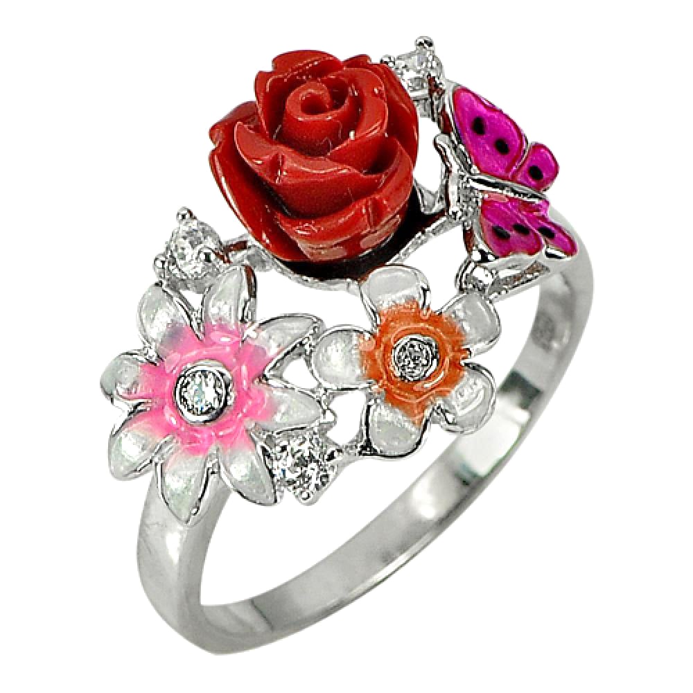 925 Sterling Silver Ring Jewelry Beautiful Red Flower Resin Butterfly Enamel Design 4.57 G. Size 7 (1 of 3)