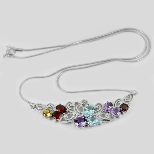 Natural Amethyst Topaz Citrine and Garnet 925 Sterling Silver Necklace Jewelry 11.28 G. Length 18 (1 of 3)