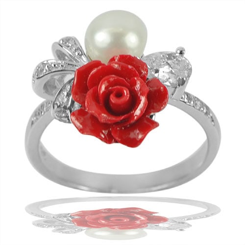925 Sterling Silver Jewelry Ring with Natural Pearl and Red Rose Resin and Cz Size 8 (1 of 3)