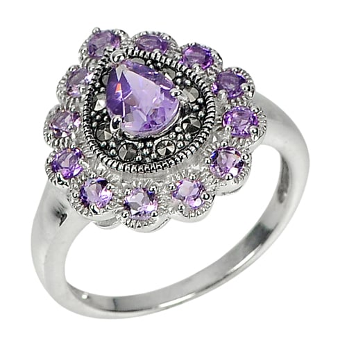 925 Sterling Silver Ring Jewelry with Natural Amethyst and Marcasite Size 8 (1 of 3)