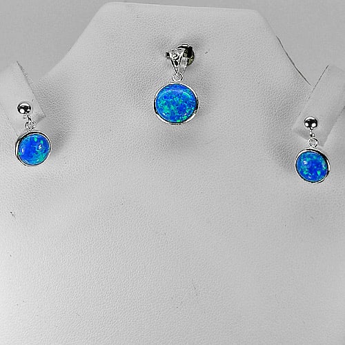 Blue Created Opal 925 Sterling Silver Sets Pendant And Earrings 3.73 Grams (1 of 3)