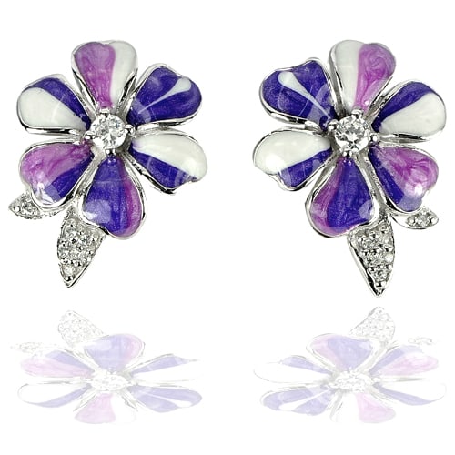 Flower Purple Enamel 925 Sterling Silver Jewelry Earrings 6.03 Grams Size 19 x 16 Mm. (1 of 3)