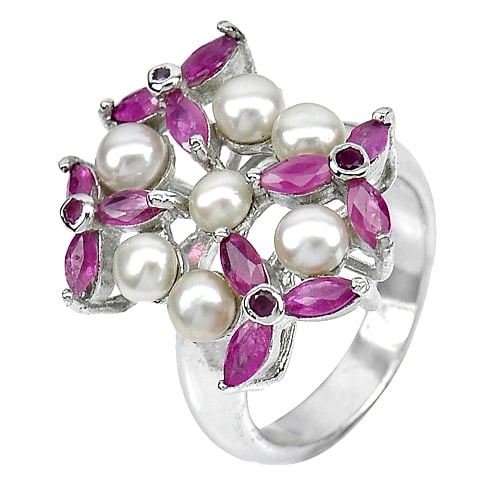 Natural White Pearl And Ruby Real 925 Sterling Silver Ring 9.19 G. Size 8 (1 of 3)