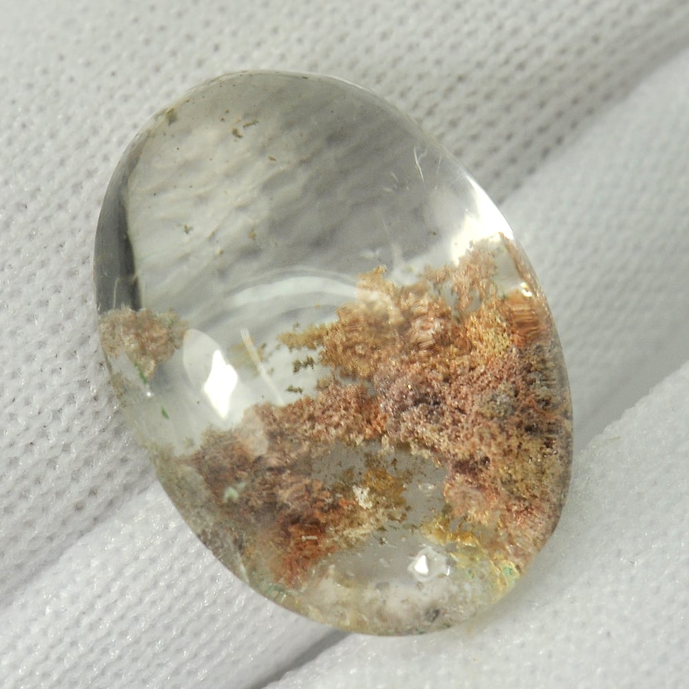 Natural White Brown Moss Quartz 11.15 Ct. Oval Cabochon Shape 17.3 x 12.2 Mm. Gemstone From Thailand: Product ID: 805529469 Product Name: Natural Quartz Weight: 11.15 CT. Size: 17.3 x 12.2 x 8 MM. Shape: Oval Cabochon Color: White Clarity:Semi - Transparent Luster: Good Gems Origin: Thailand Treatment