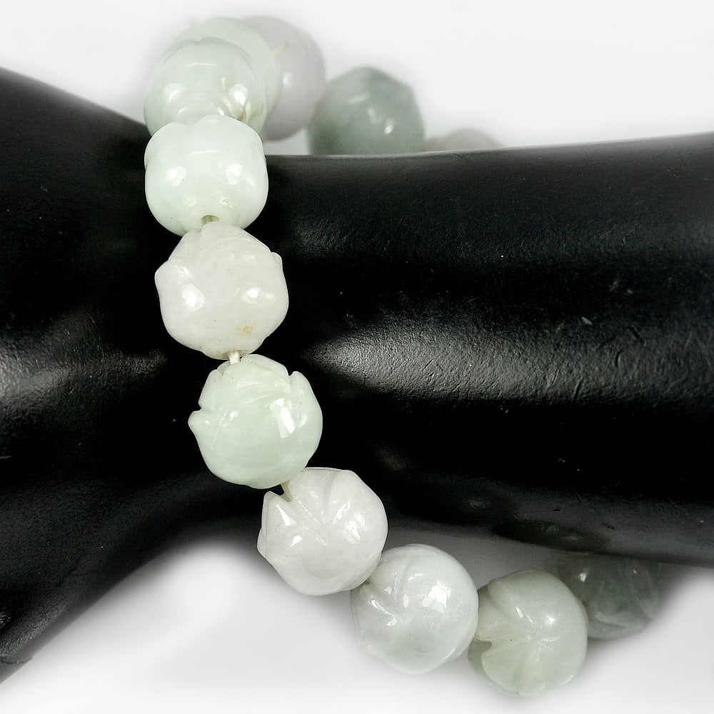 Natural Green Jade 295.31 Ct. Beads Flexibility Bracelet Carving 8 Inch. Gemstone From Thailand (1 of 3)