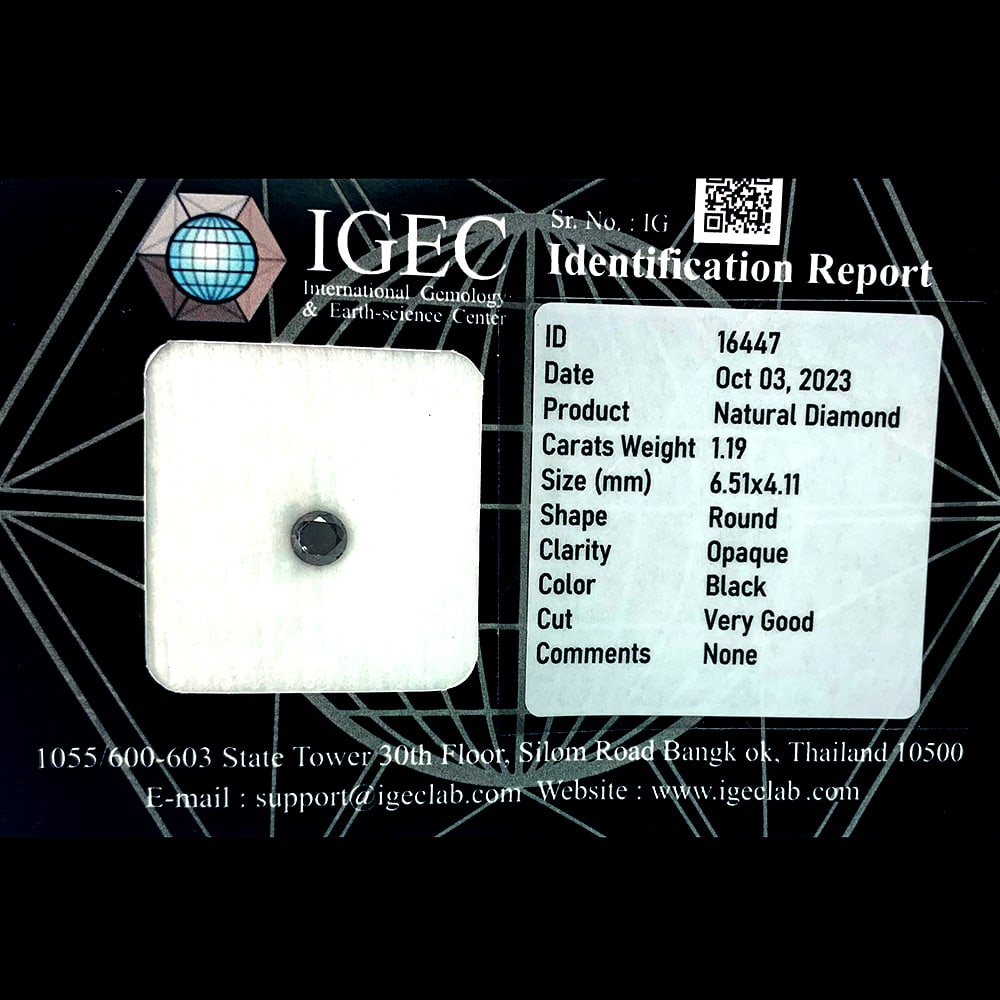 Natural Black Diamond 1.19 Ct. Round Brilliant Cut 6.51 x 4.11 Mm. From Belgium: Product ID: 502100049 Product Name: Natural Enhanced Diamond Weight: 1.19 CT. Size: 6.51 x 4.11 MM. Shape: Round Brilliant Cut Color: black Clarity:Opaque Luster: Good Gems Origin: Belgium Treatment: